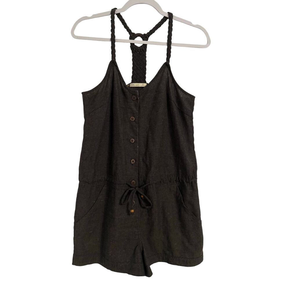 Nine Bird Women's S Boho Beach Braided Racerback Linen Cotton‎ Comfy Romper Gray